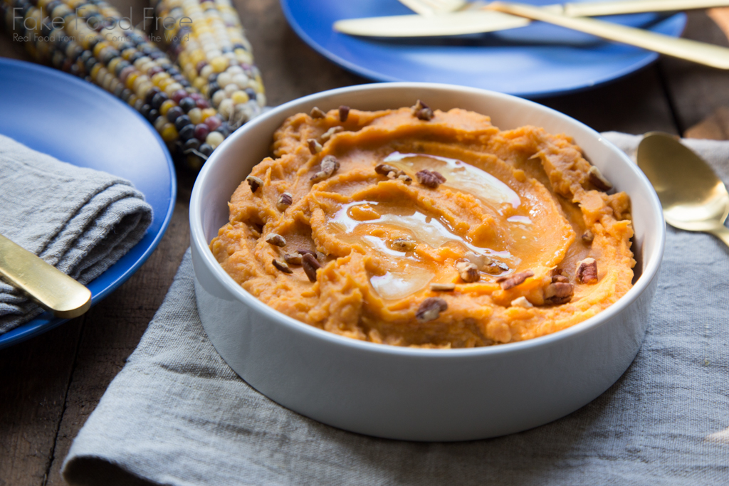 Recipe for creamy whipped sweet potatoes with honey butter for Thanksgiving! 