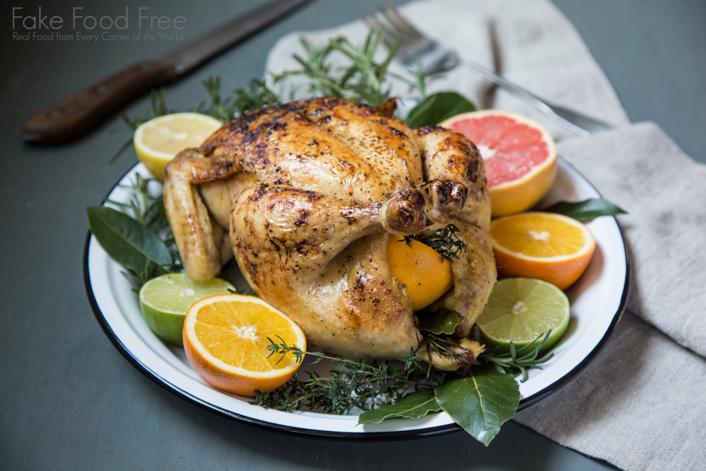 Citrus Roasted Whole Chicken Recipe with lemons, limes, oranges and grapefruit | Fake Food Free #sponsored