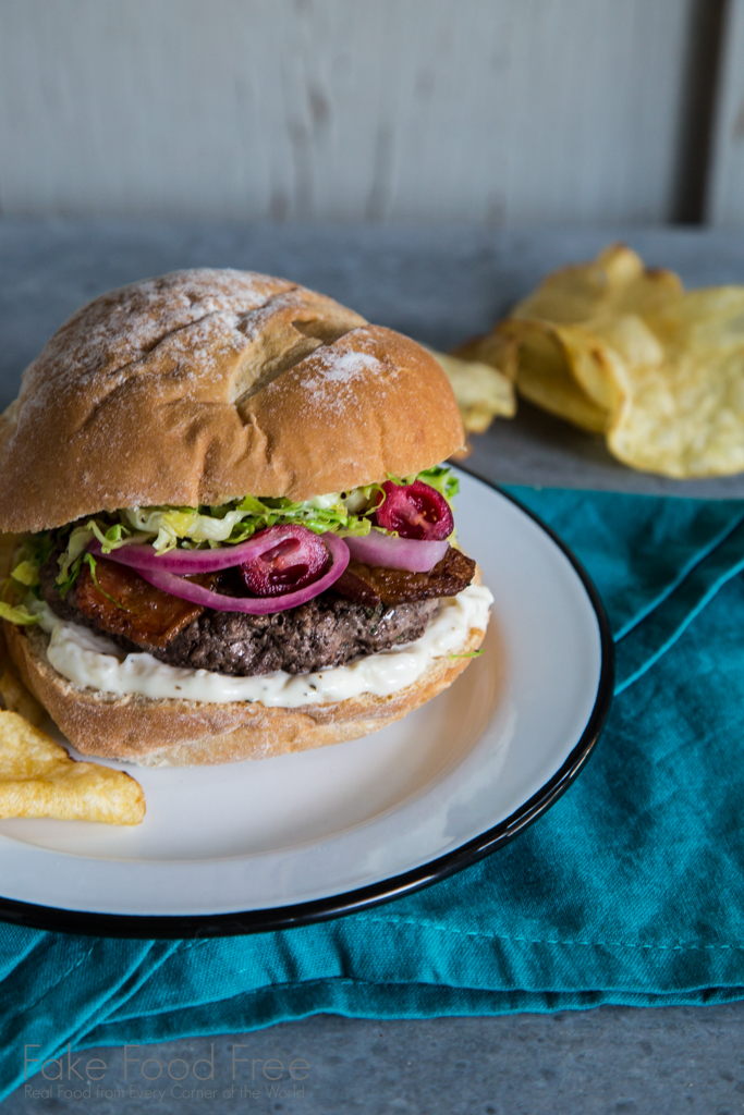 The Ultimate Holiday Burger Recipe - Grass-fed Bacon Burgers with Sautéed Brussels Sprouts, Pickled Onions and Cranberries, and Garlic Parmesan Black Pepper Mayonnaise | Fake Food Free | Free product review