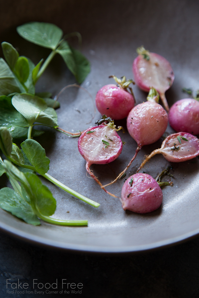 Roasted pink radishis with watercress and thyme | Lori Rice at Fake Food Free