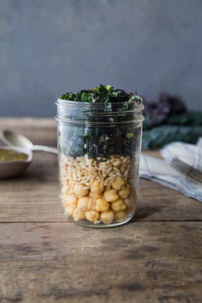 Chickpea, Brown Rice, and Kale Salad in a Jar with Pesto Recipe | Fake Food Free