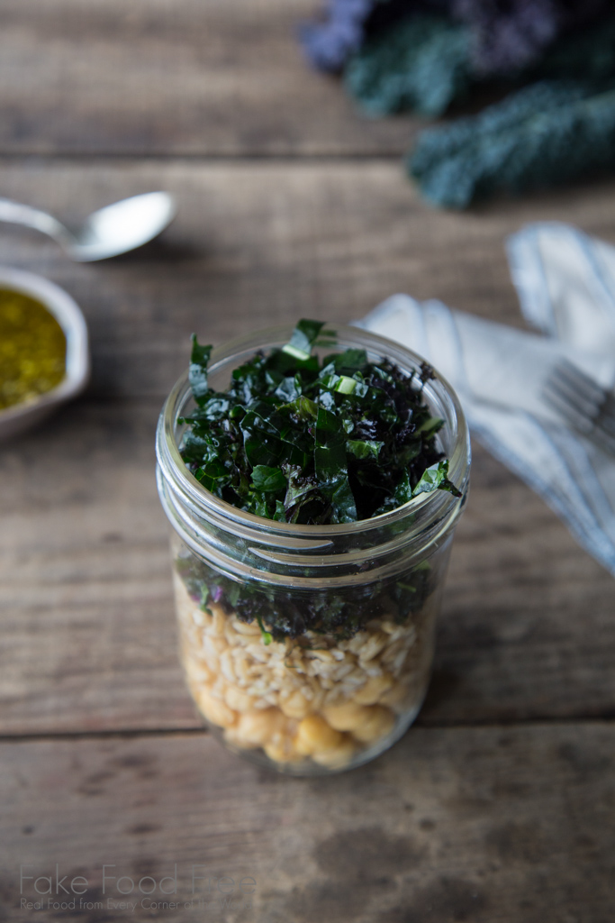 Chickpea, Brown Rice, and Kale Salad in a Jar with Pesto Recipe