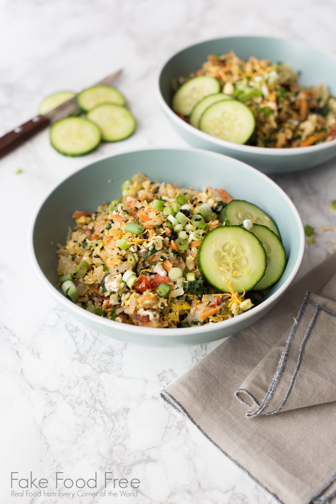 Poha, a flattened white rice, with vegetables and eggs recipe