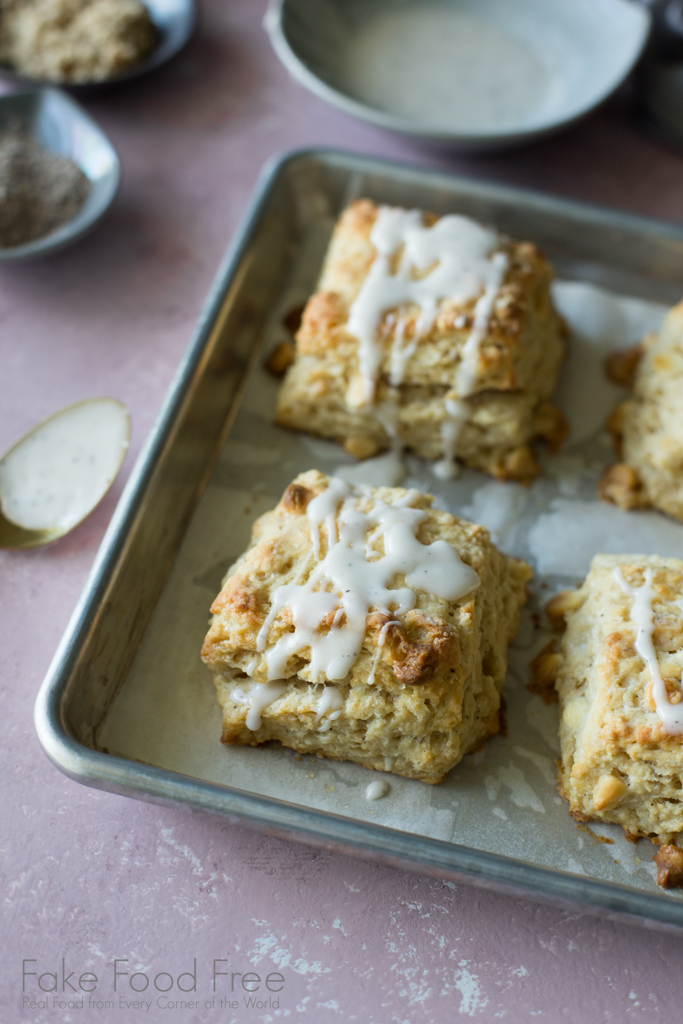 Recipes for scones with white chocolate, macadamia nuts, and vanilla coffee salt. 