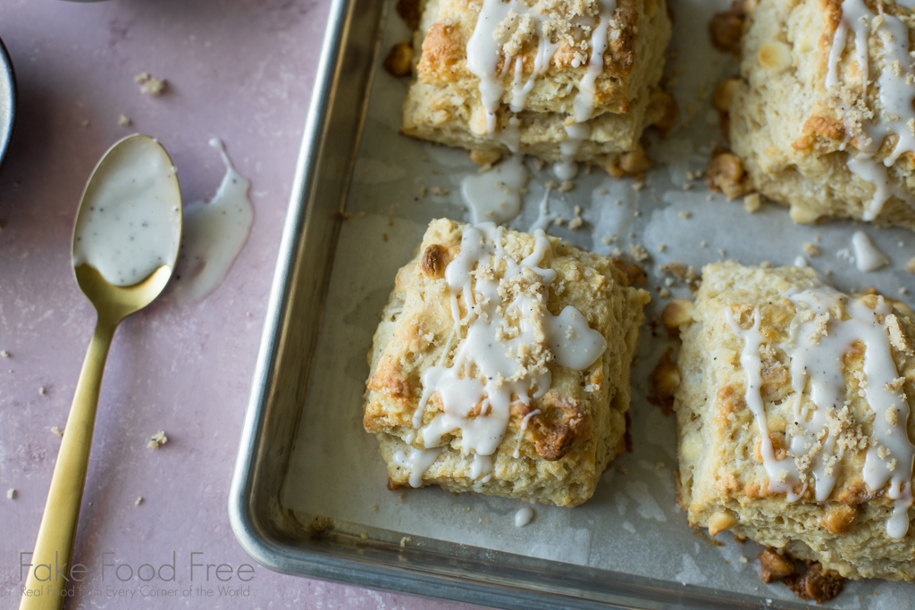 White Chocolate, Macadamia Nut, Vanilla Coffee Salt Scones recipe. 