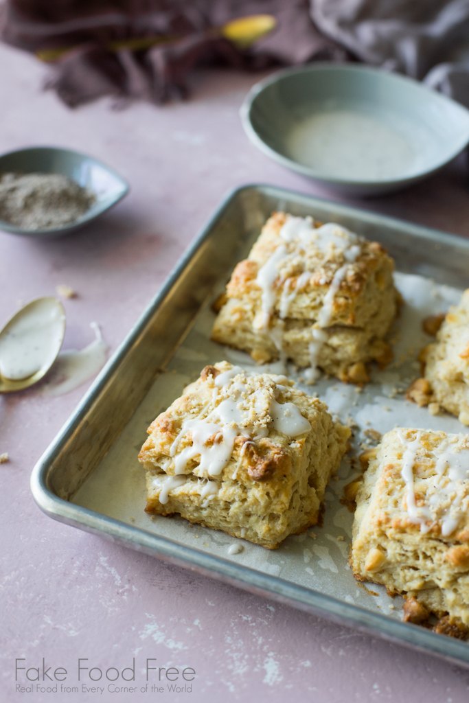 White Chocolate Macadamia Nut Scones with Vanilla Coffee Salt Recipe | Fake Food Free