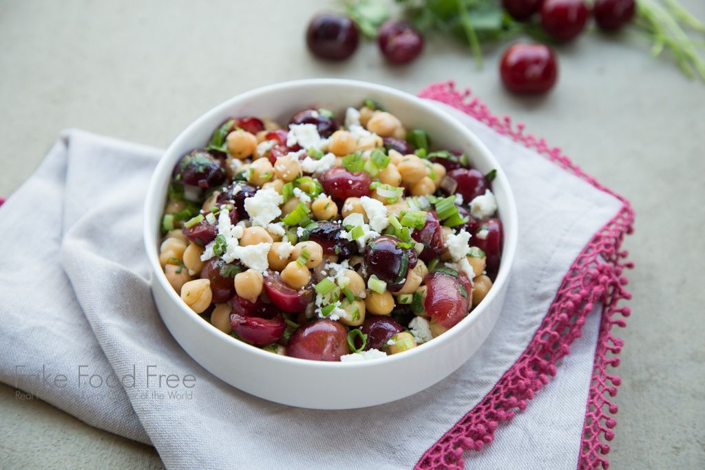 A grilled cherry salad recipe with garbanzo beans, cilantro and lime | Fake Food Free