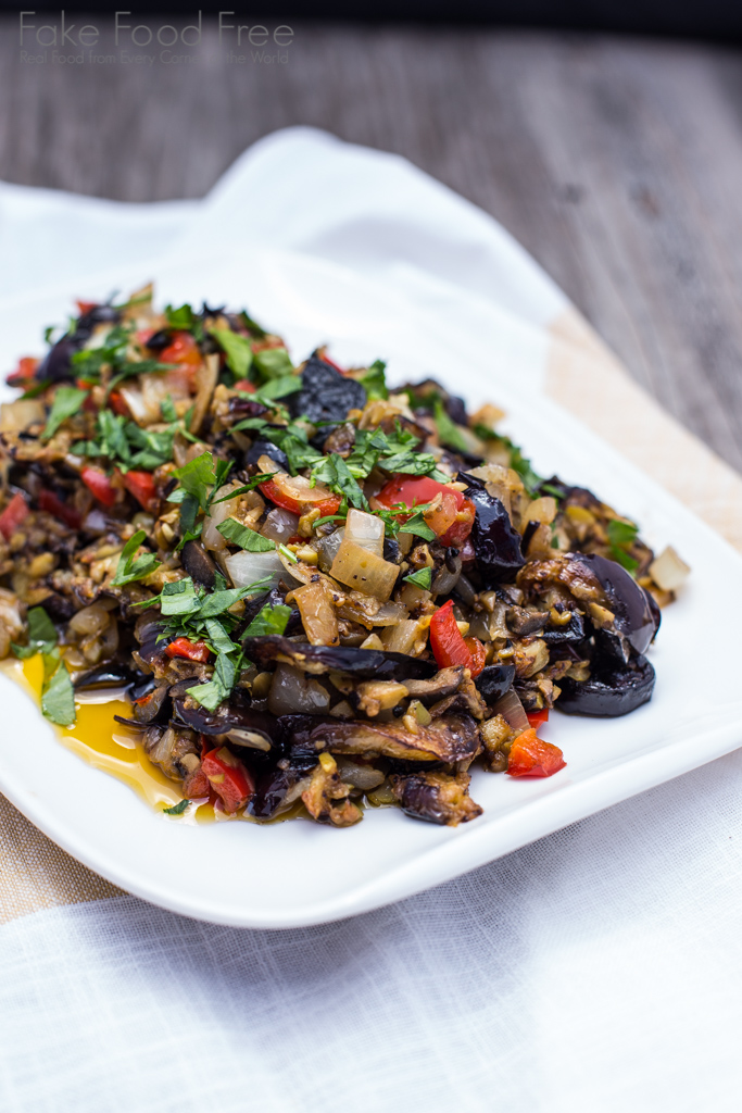Eggplant with onions, red pepper, ripe olives, lemon and herbs. | Sponsored Post | Fake Food Free