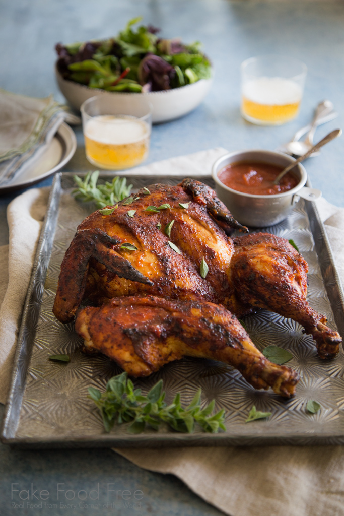 Dry-Rubbed Grilled Whole Chicken with Chili-Lager Barbecue Sauce Recipe | Fake Food Free | Sponsored Post