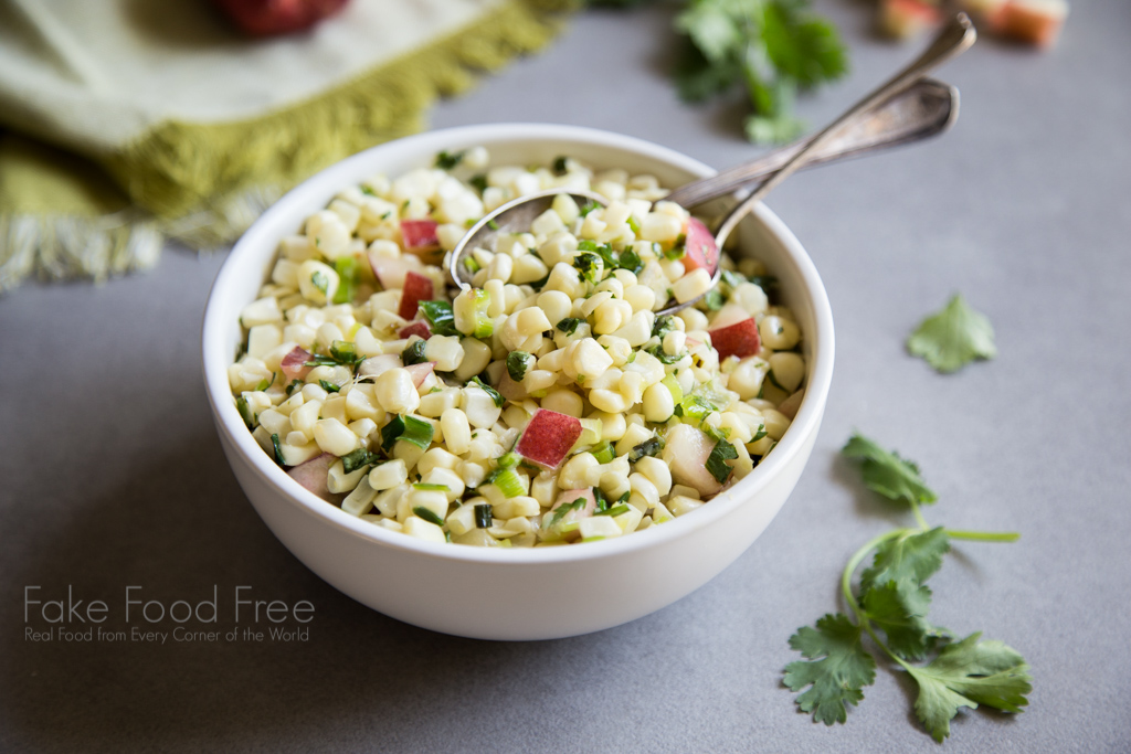 A summer side dish recipe with sweet corn, nectarines, and cilantro! | Fake Food Free