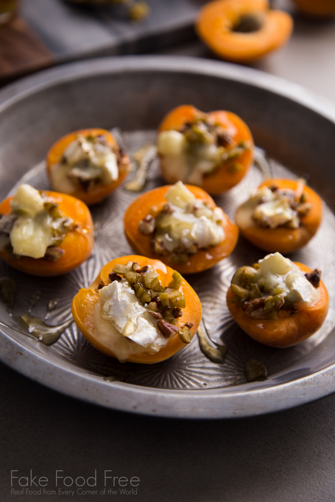 Warm Stuffed Apricots with Green Olives, Pecans, and Brie Recipe | FakeFoodFree.com