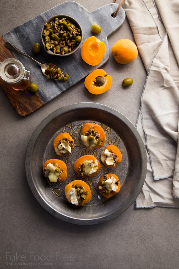 Warm Stuffed Apricots with Green Olives, Pecans, and Brie | Fake Food Free