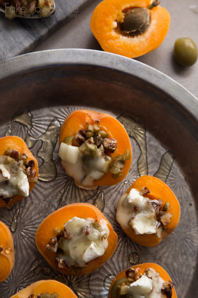 Apricots stuffed with green olives, pecans, brie and honey recipe | FakeFoodFree.com