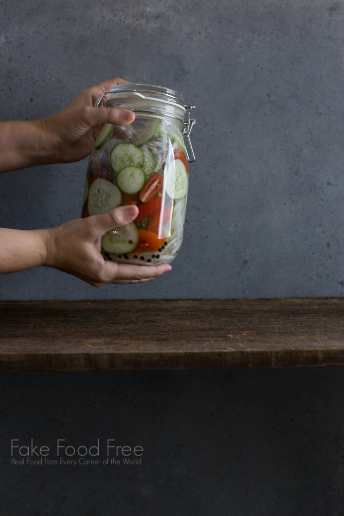 Quick Pickled Cucumber Tomato Salad | FakeFoodFree.com