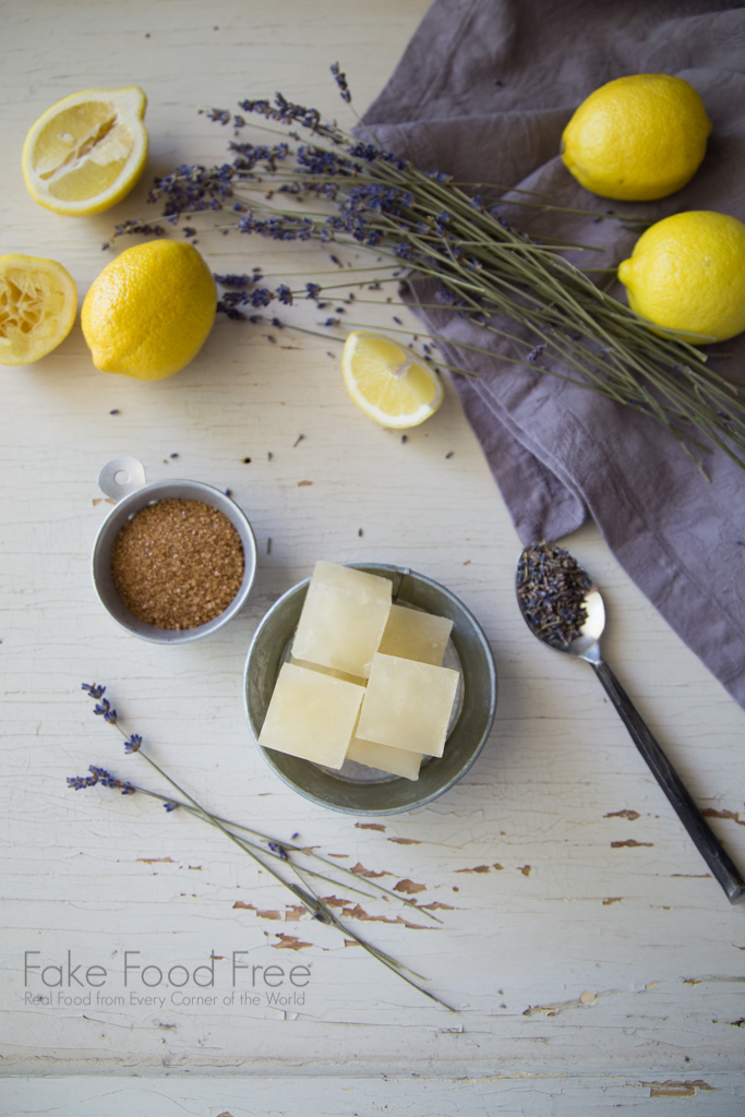 Lemonade ice cubes are used to make a lemonade lavender yogurt shake recipe | FakeFoodFree.com