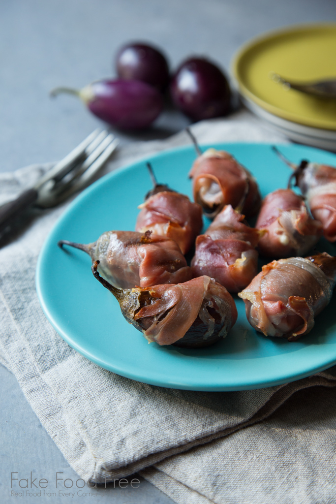 Grilled Stuffed Baby Eggplant with Goat Cheese, Walnuts, and Prosciutto Recipe | FakeFoodFree.com