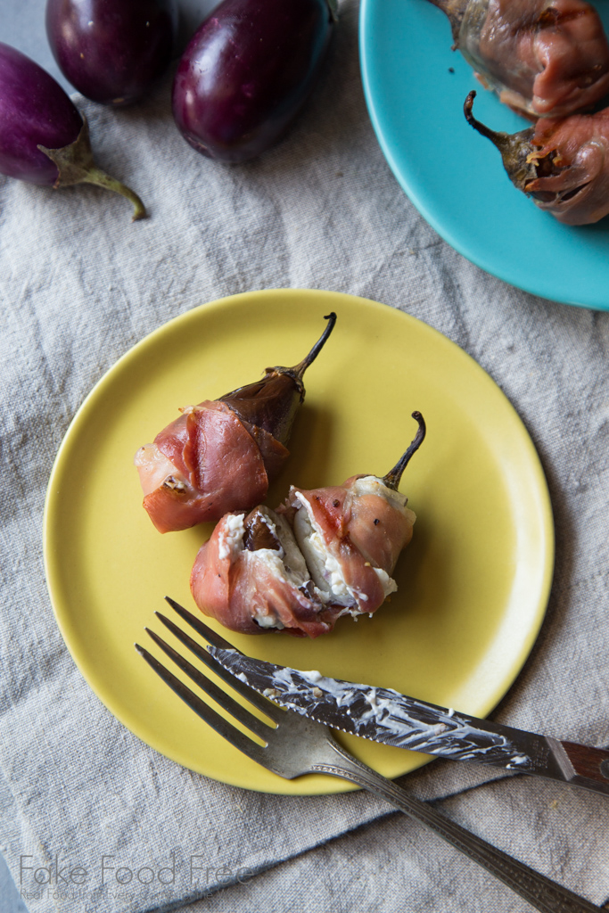 Grilled baby eggplant stuffed with goat cheese and walnuts, and wrapped in prosciutto. 