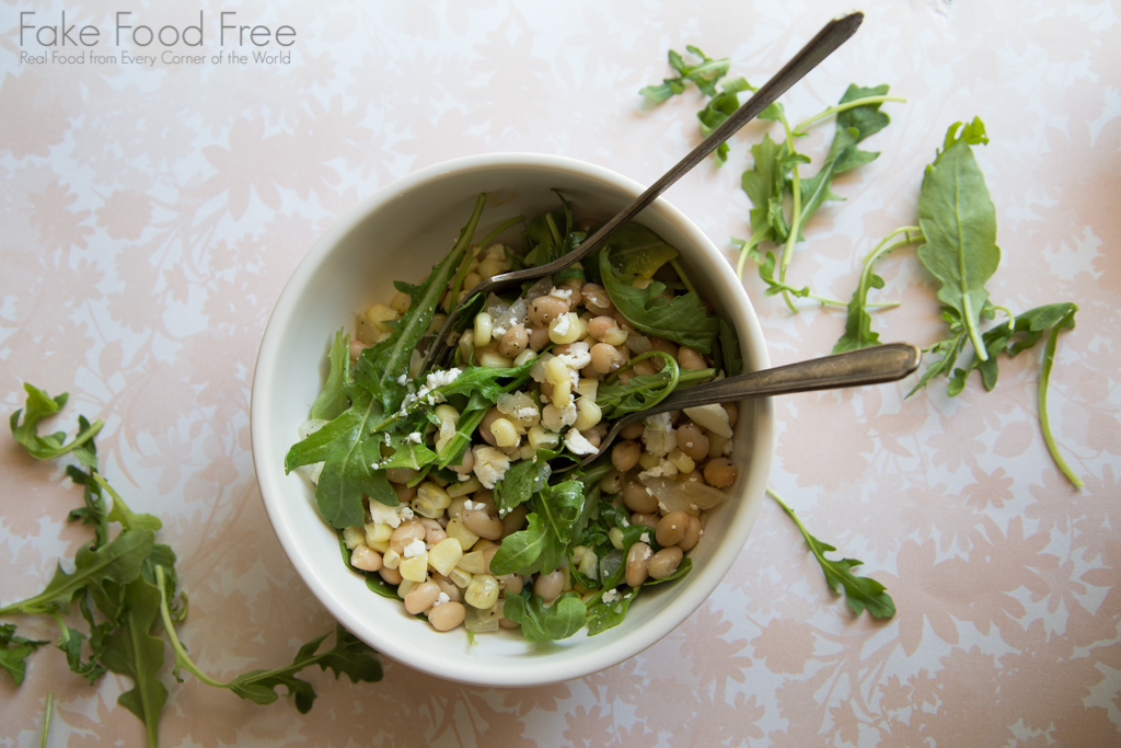 Corn with White Beans, Arugula and Feta Recipe | FakeFoodFree.com