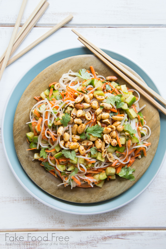 An Asian inspired chilled noodle salad recipe with a mix of veggies and toasted peanuts. | Tested recipe on FakeFoodFree.com