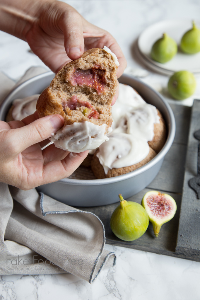Fresh kadota figs are stuffed in whole grain rolls and topped with cream cheese frosting in this breakfast recipe | FakeFoodFree.com