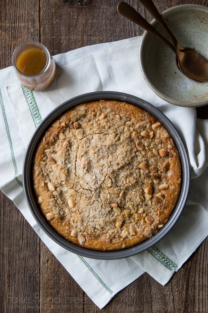 Dessert Recipe for Banana Macadamia Nut Cobbler with Salted Butterscotch Sauce | FakeFoodFree.com