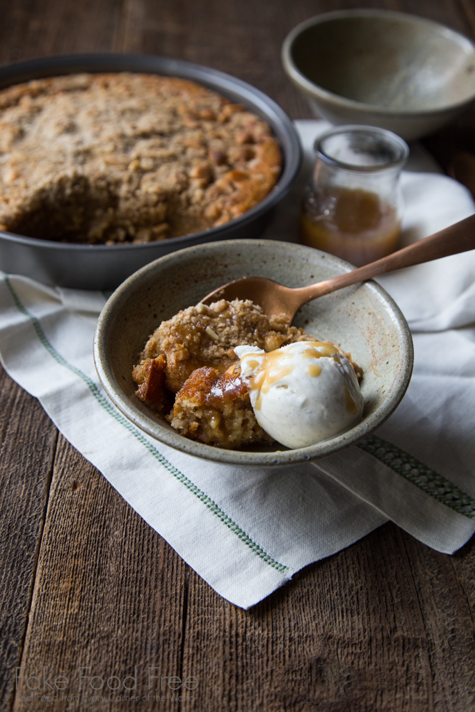 Banana Macadamia Nut Cobbler with Salted Butterscotch Sauce Recipe | FakeFoodFree.com