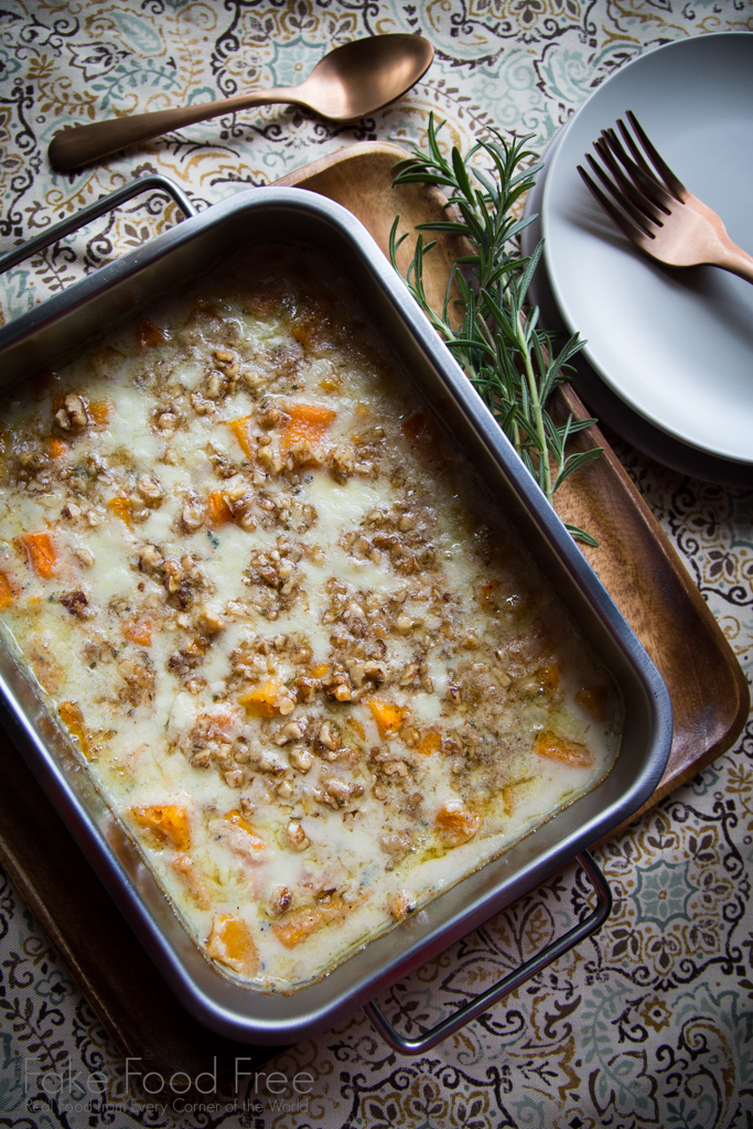 Butternut Squash Blue Cheese Gratin with Walnut Rosemary Crumble Recipe | FakeFoodFree.com