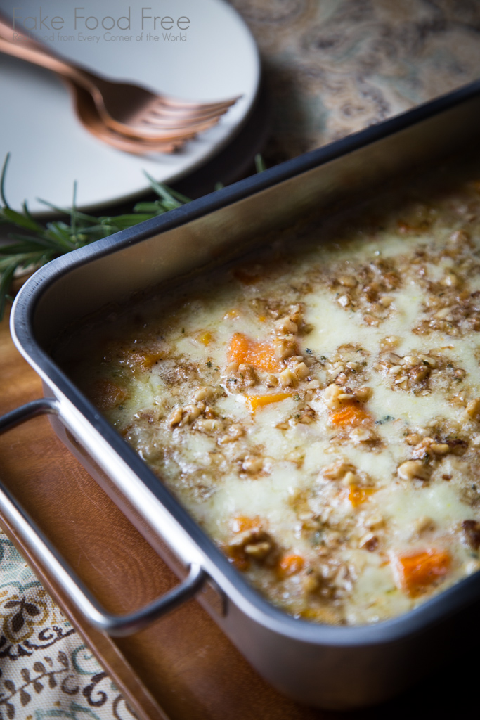 Thanksgiving Side Dish Recipe - Butternut Squash Blue Cheese Gratin | FakeFoodFree.com