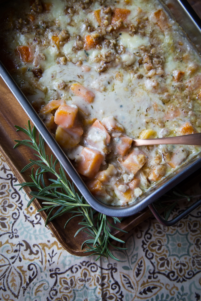 Butternut Squash Blue Cheese Gratin with Walnut Rosemary Crumble Recipe | Thanksgiving Side Dish | FakeFoodFree.com