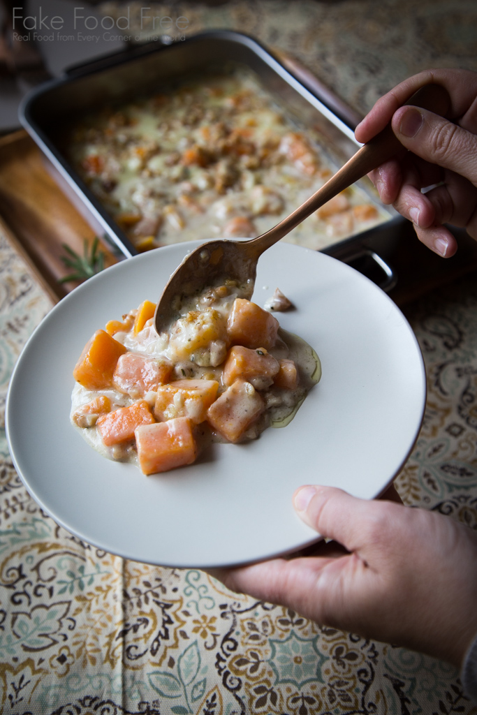 Butternut Squash Blue Cheese Gratin with Walnut Rosemary Crumble Recipe