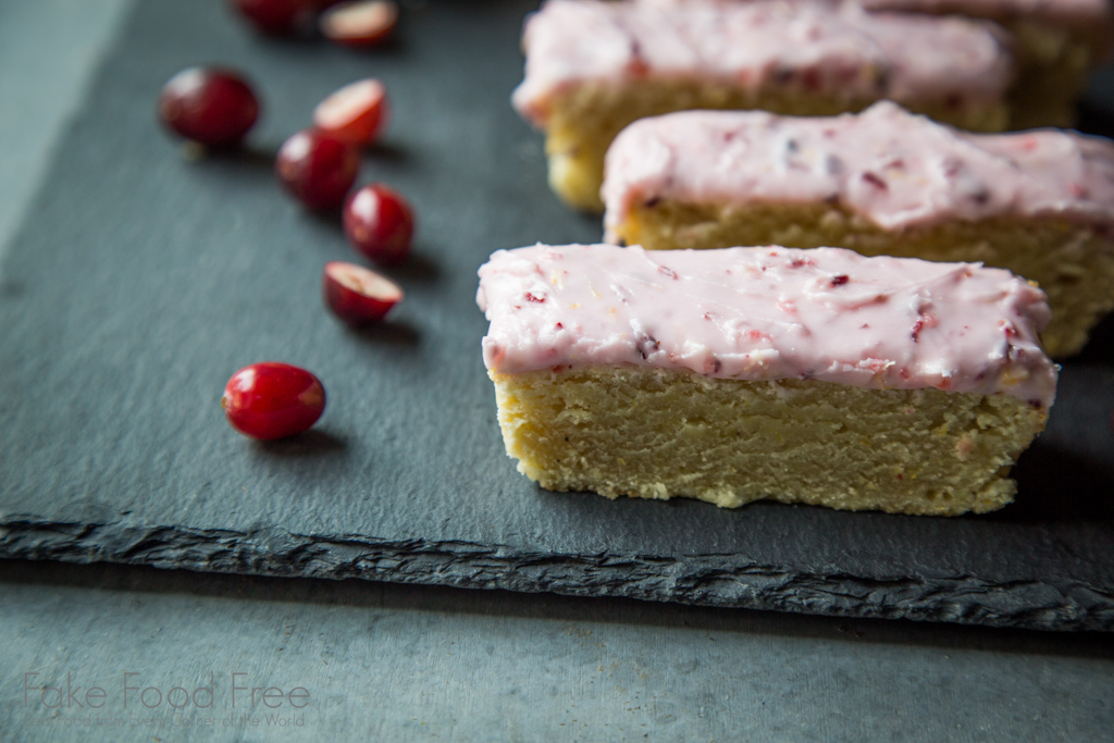 Lemon Brownies with Cranberry Frosting Recipe | FakeFoodFree.com
