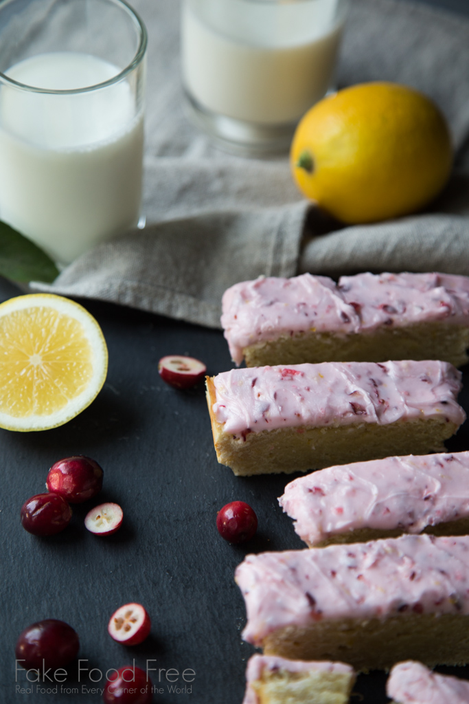 Spiced Lemon Brownies with Sour Cream Cranberry Frosting | FakeFoodFree.com