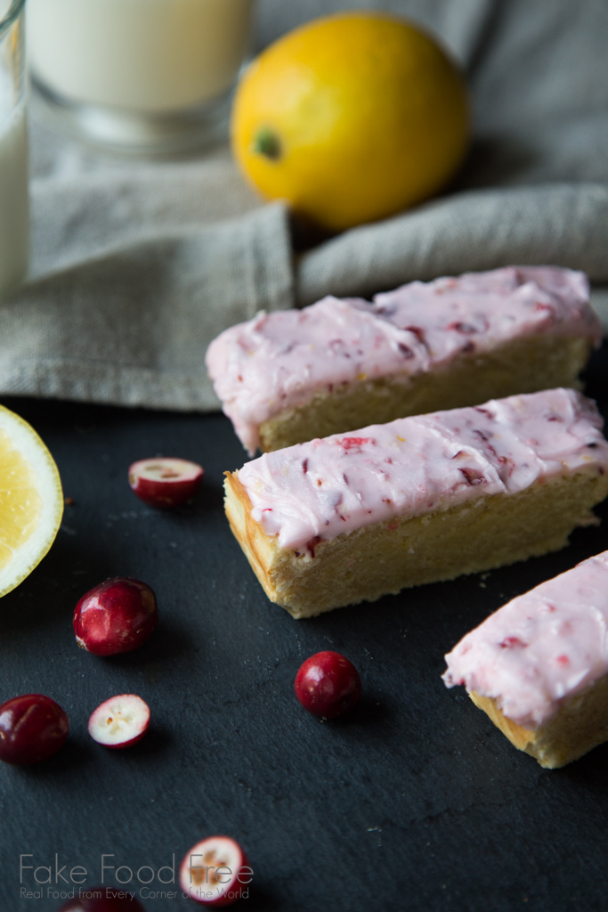 Spiced Lemon Brownies with Sour Cream Cranberry Frosting Recipe | FakeFoodFree.com