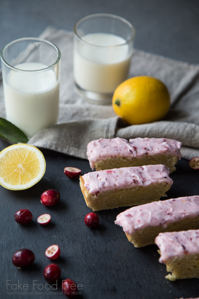 A recipe for lemon brownies topped with sour cream cranberry frosting! | FakeFoodFree.com