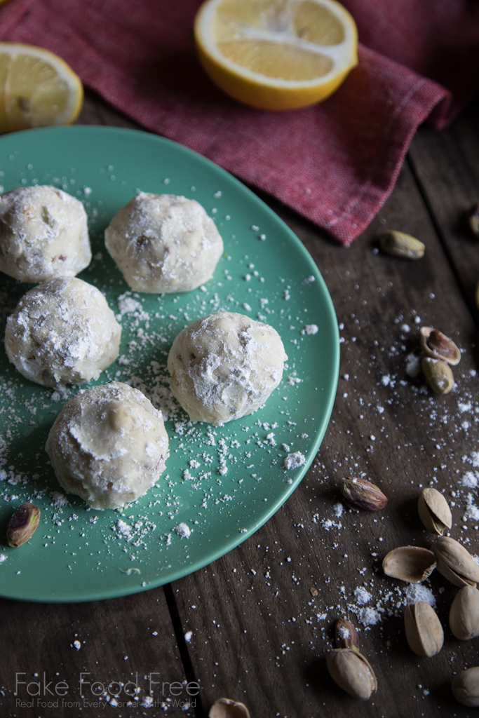 Russian Tea Cake Cookies with Lemon and Pistachio | Recipe at FakeFoodFree.com