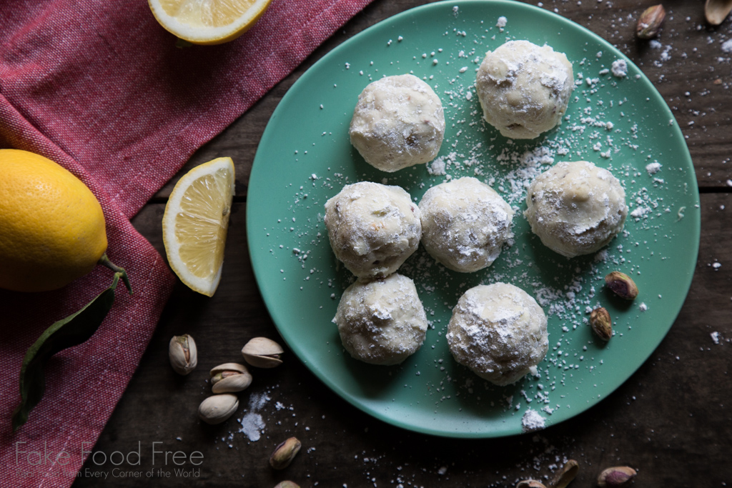 Lemon and Pistachio Russian Tea Cakes | FakeFoodFree.com