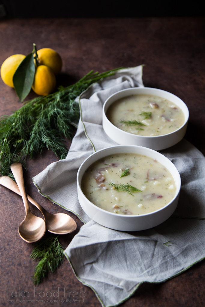 A recipe for rustic potato soup flavored with dill and tangy lemon | FakeFoodFree.com