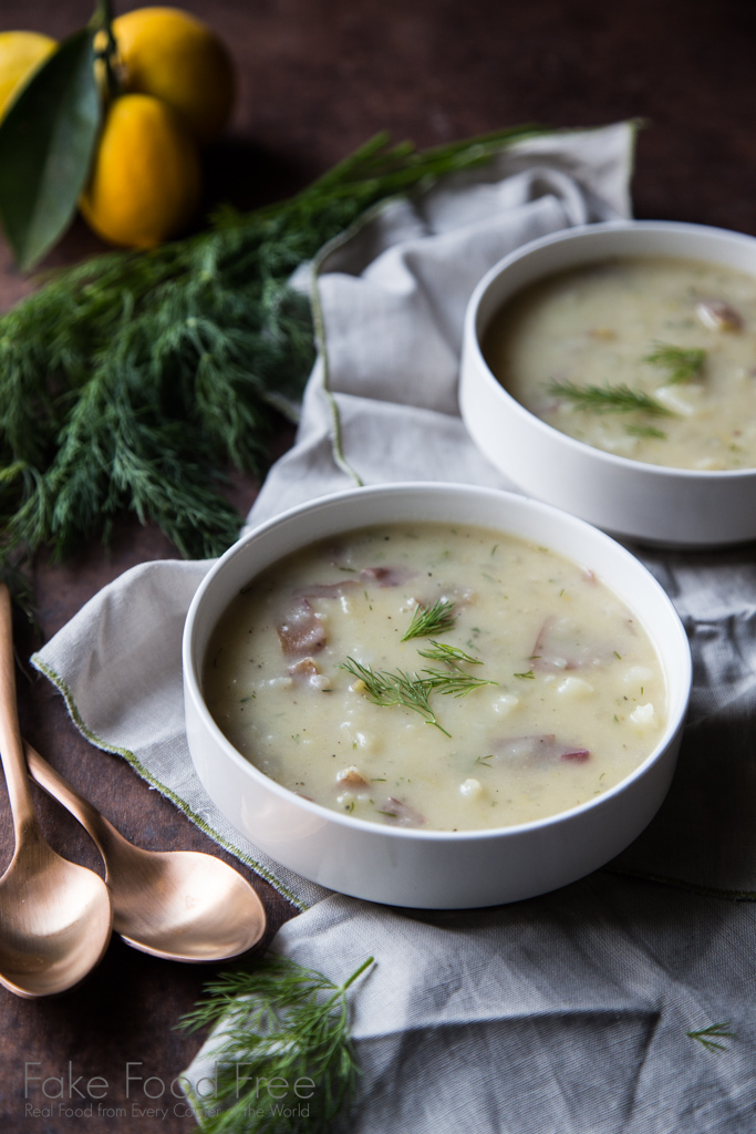 Rustic Cream of Potato Soup with Lemon and Dill Recipe | FakeFoodFree.com