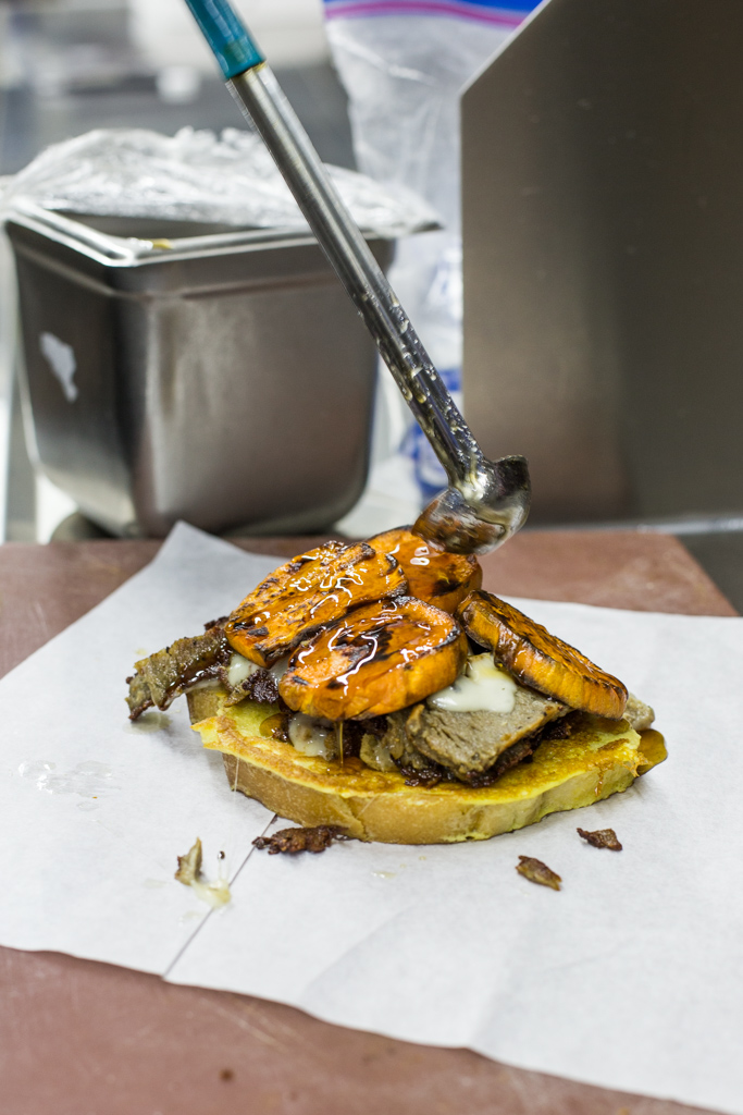 Monte Gyro in the making with Sweet Potatoes and Stout Glaze from Food on Tap Cookbook