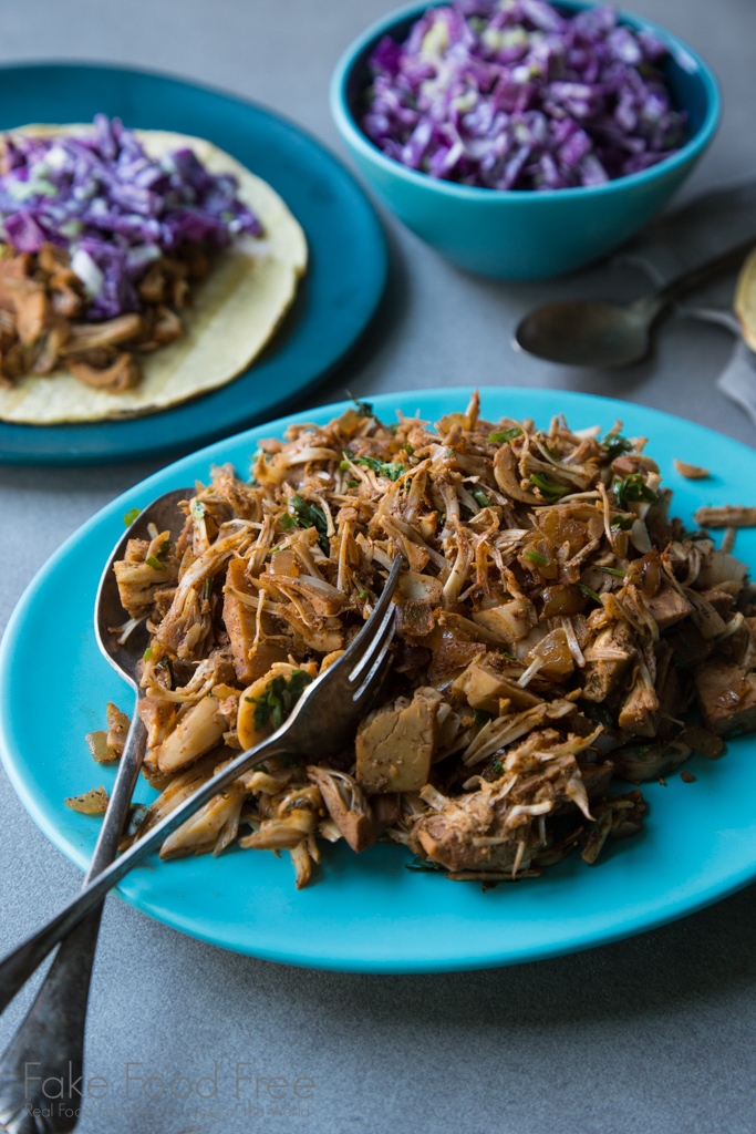 Jackfruit Tacos with Coconut Lime Purple Cabbage and Green Onion Slaw Recipe | FakeFoodFree.com