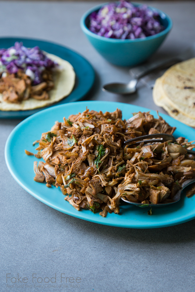 Jackfruit Tacos with Coconut Lime Purple Cabbage and Green Onion Slaw Recipe | FakeFoodFree.com
