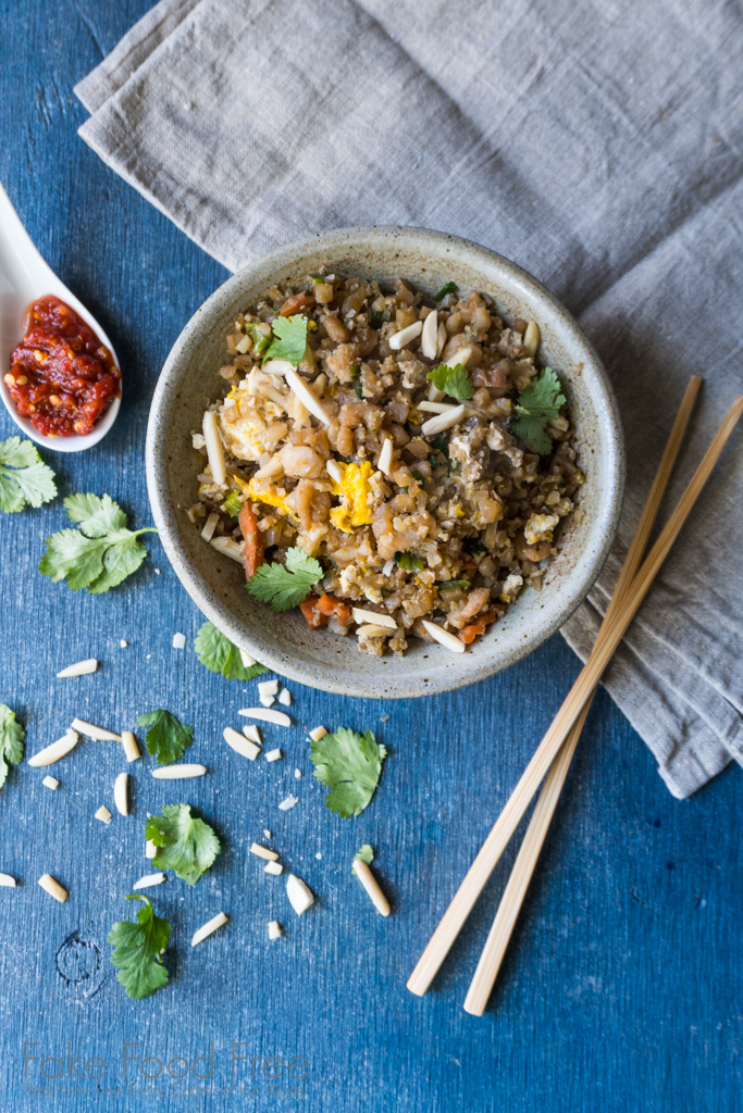 Shrimp Fried Riced Cauliflower with Crunchy Slivered Almonds Recipe | Find it at FakeFoodFree.com