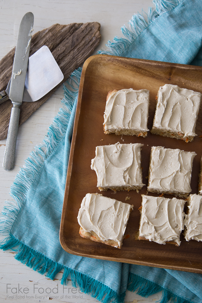 Dessert recipe for Carrot Cake Blondies with Salted Brown Sugar Bourbon Frosting | FakeFoodFree.com