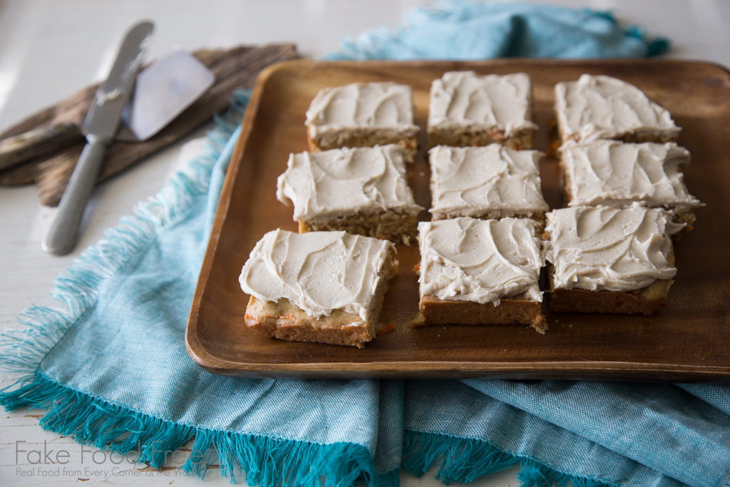 Carrot Cake Blondies with Salted Brown Sugar Bourbon Frosting Recipe | FakeFoodFree.com