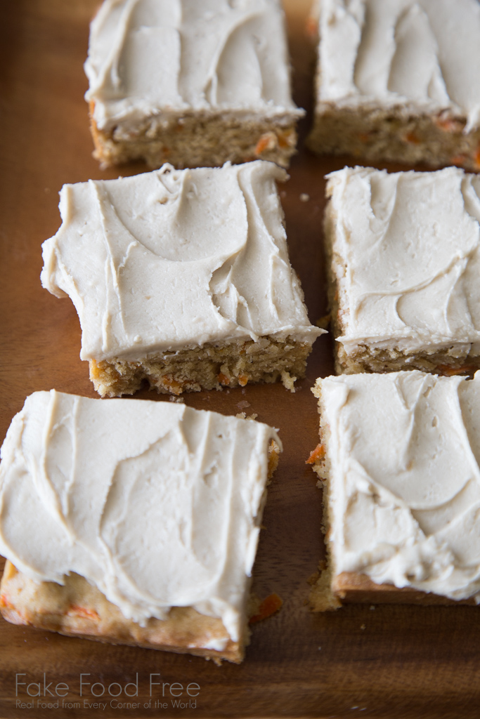 Carrot Cake Blondies Recipe topped with Salted Brown Sugar Bourbon Frosting 