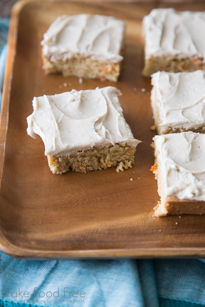 Carrot Cake Blondies with Salted Brown Sugar Bourbon Frosting Recipe | FakeFoodFree.com