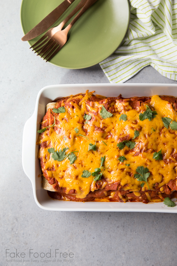 Cauliflower Potato Enchiladas with Chipotle Carrot Sauce Recipe | FakeFoodFree.com