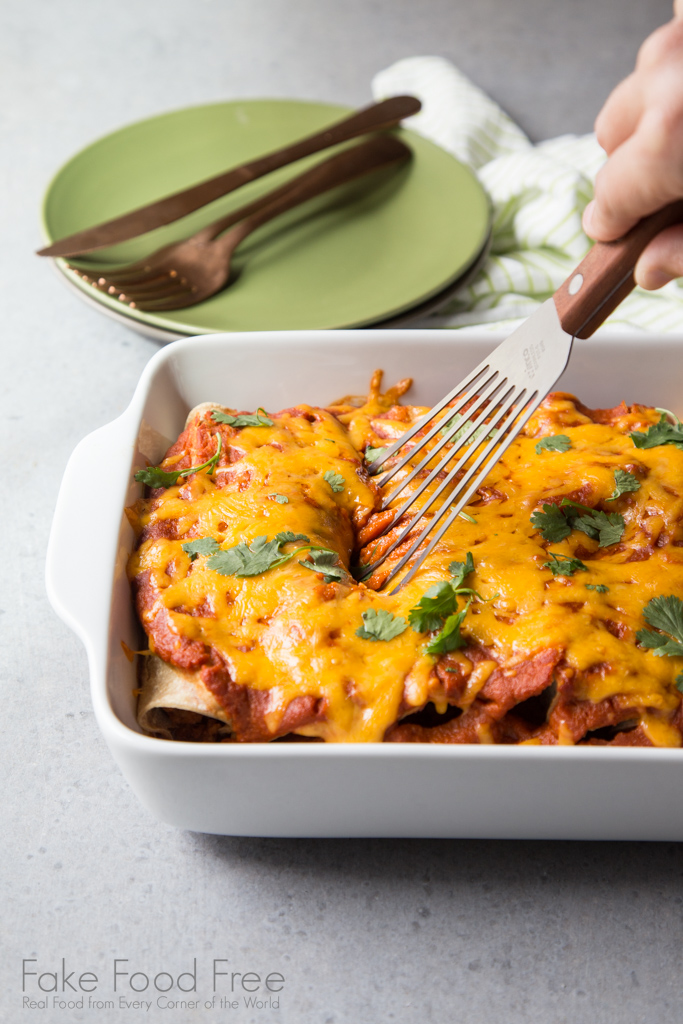 Vegetarian potato cauliflower enchiladas with chipotle carrot sauce | Recipe at FakeFoodFree.com