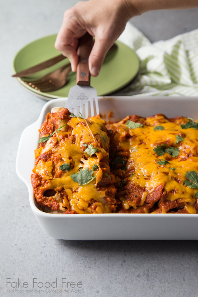 Vegetarian cauliflower potato enchiladas with chipotle carrot sauce | Get the recipe at FakeFoodFree.com