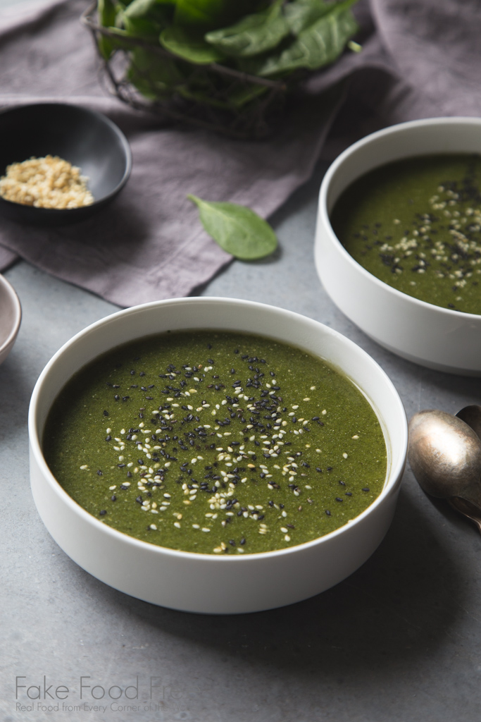 A simple soup recipe that blends spinach, garlic, and tahini! Find it at FakeFoodFree.com